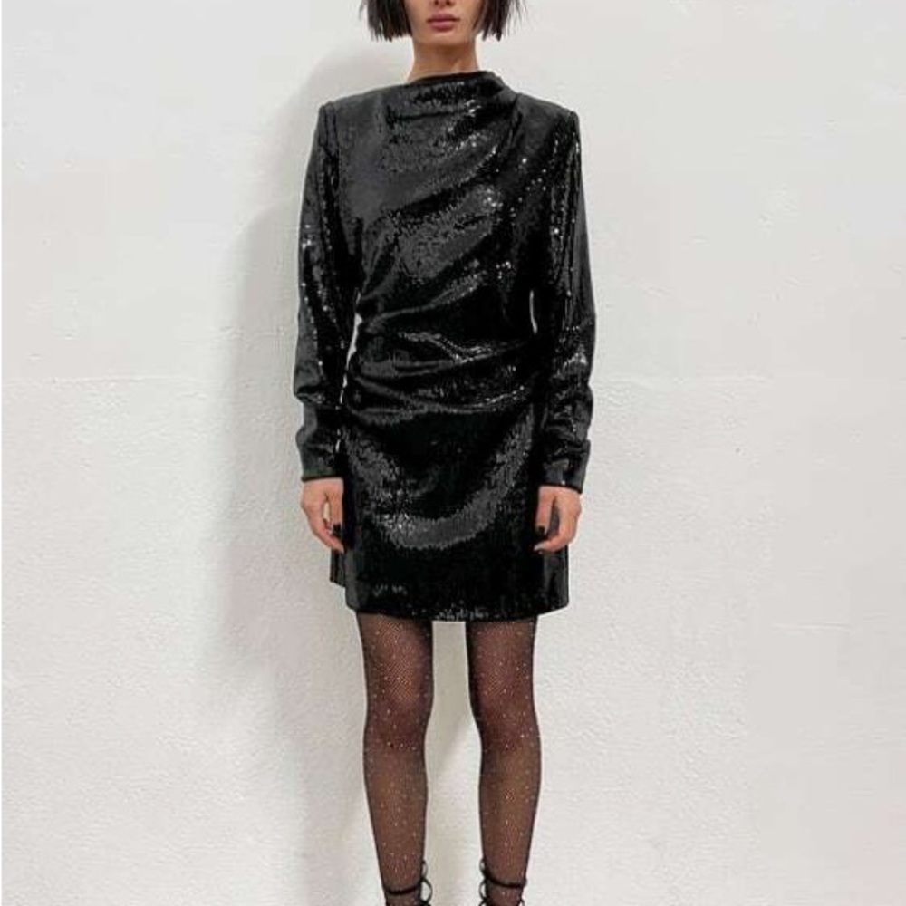 New Zara Shoulder Pad Draped Sequin Mini Dress 2258/029 Medium